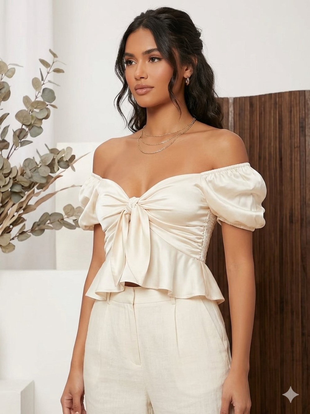Off-Shoulder Tie-Front Peplum Blouse in Cream